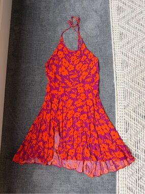 Free People Fuchsia and Orange Floral Backless Halter Dress